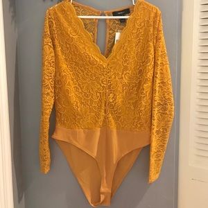 Forever 21 Mustard Lace Long Sleeved Bodysuit